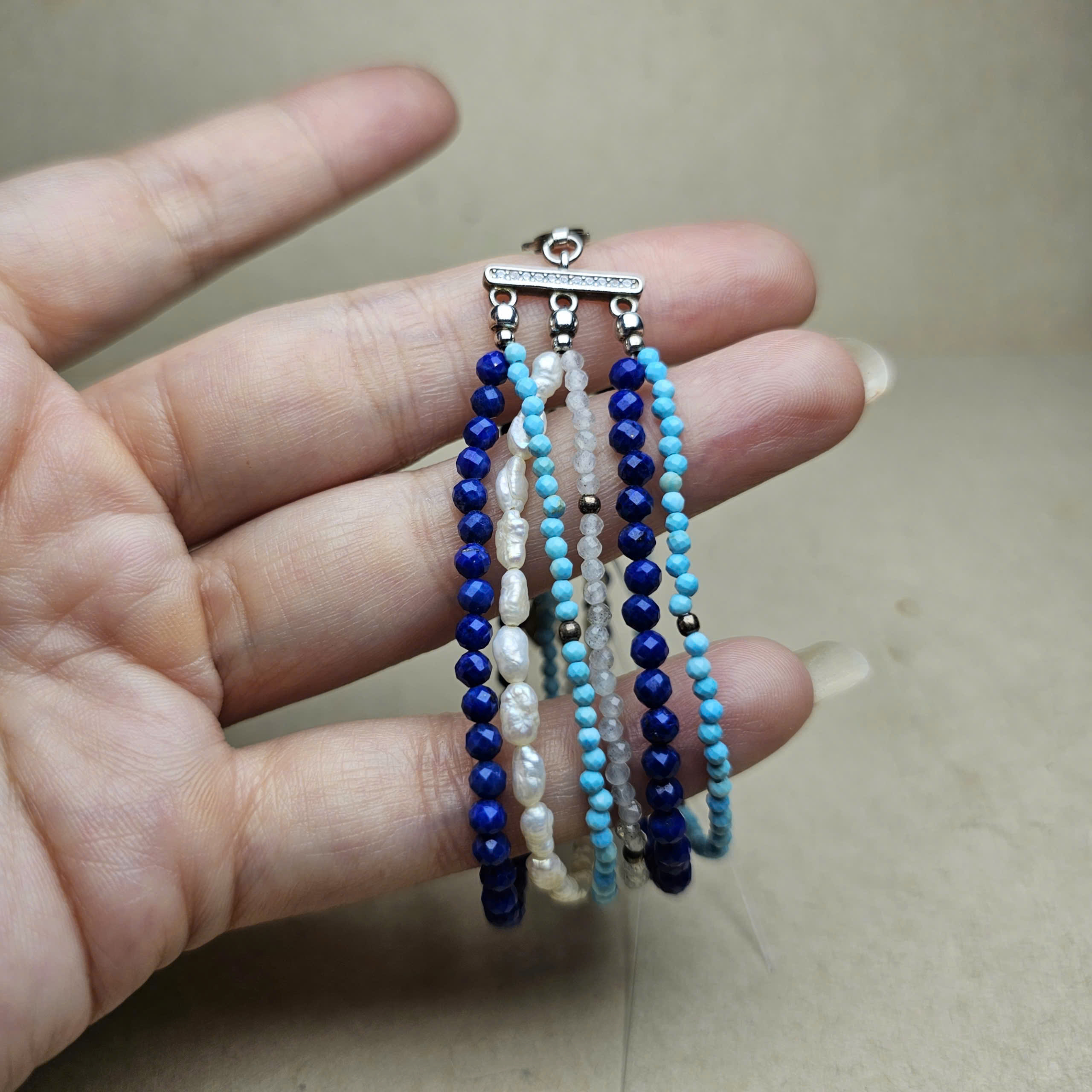 Vòng tay lapiz, ngọc trai, turquoise, moonstone - Hình ảnh 2