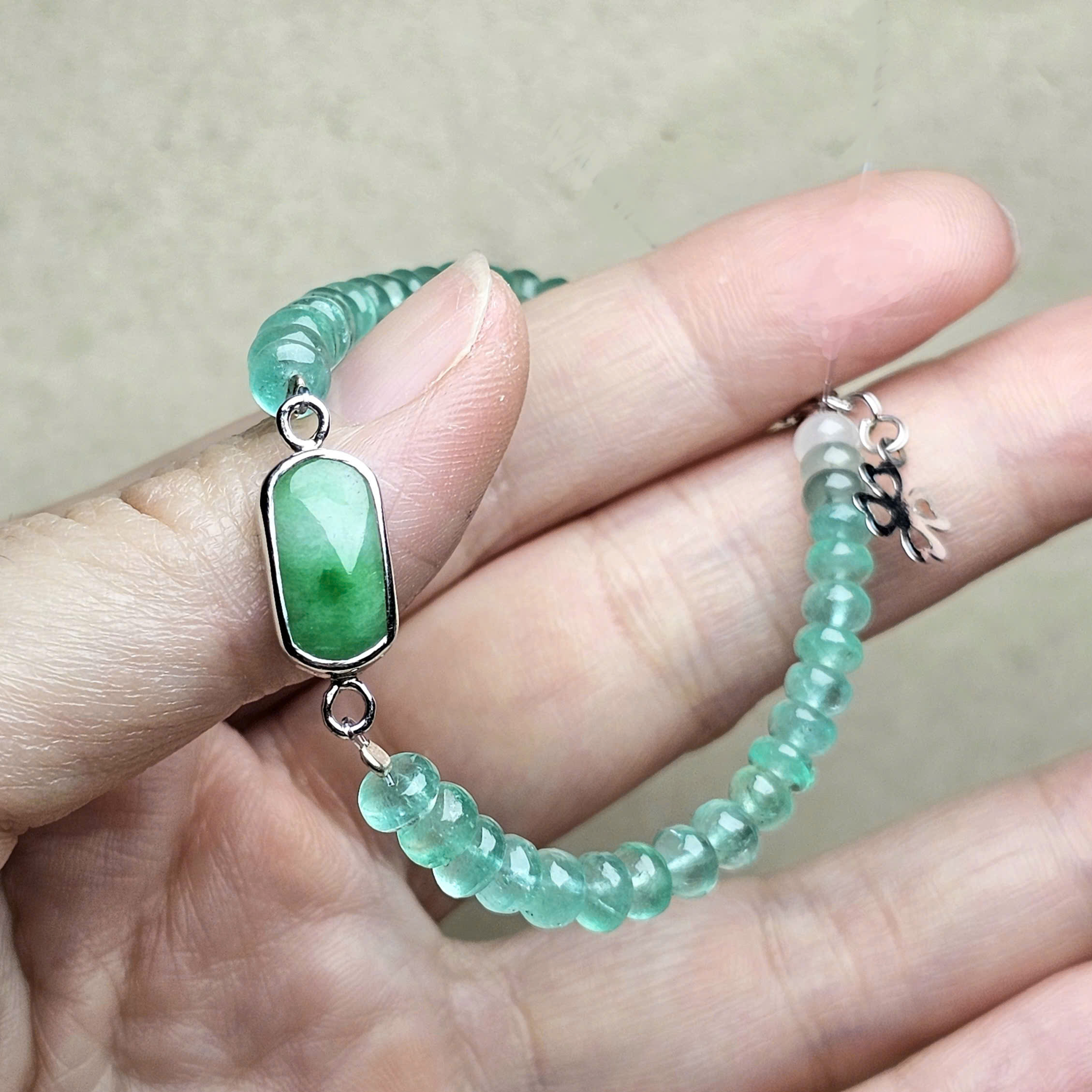 Vòng Emerald Colombia mix ngọc Jadeite đế vàng trắng 10k - Hình ảnh 3