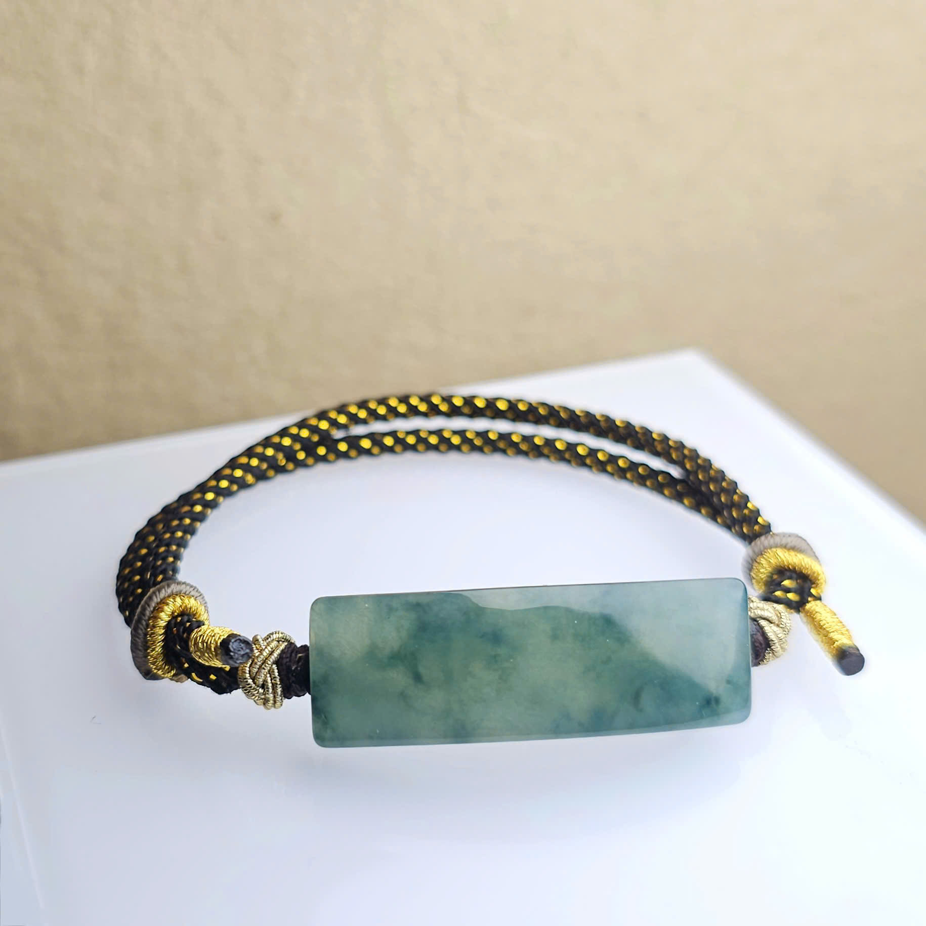 Vòng tết mặt ngọc Jadeite type A xanh băng hoa bay unisex